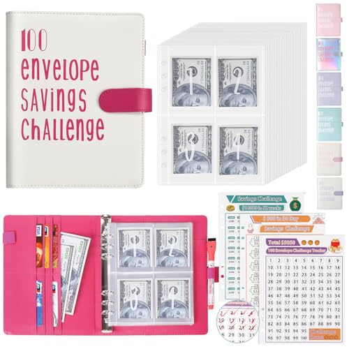 ONEDONE 100 Envelopes Money Saving Challenge Binder A5 Savings Challenges Book with Cash Envelopes and Erasable Marker for Cash Saving Money Saving Bi