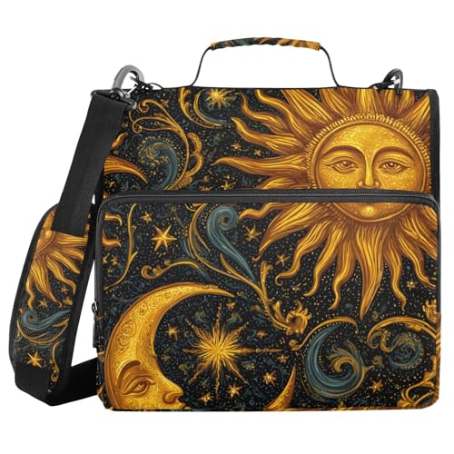 Image of 3 Ring Zipper Binder with Shoulder Strap Sun Moon Stars Astrology 1.5 inch Binders Keeper Large Capacity Multi Pockets for School Office Supplies
