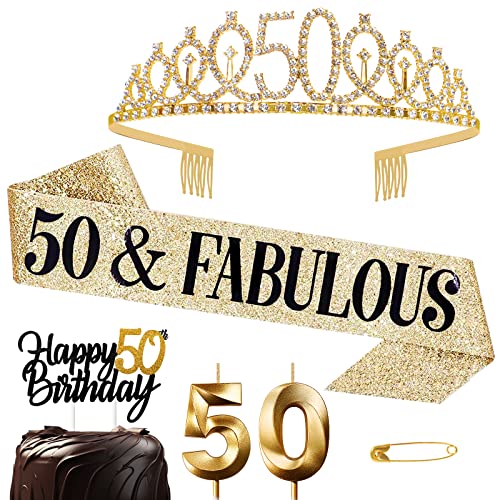 50 Años Corona Banda Cumpleaños Mujer Tiara Corona y Faja de Oro Cinturón de Cumpleaños Corona de Diamantes Velas Topper per Torta di Compleanno 50 Regalo Mujer Cumpleaños Decoración