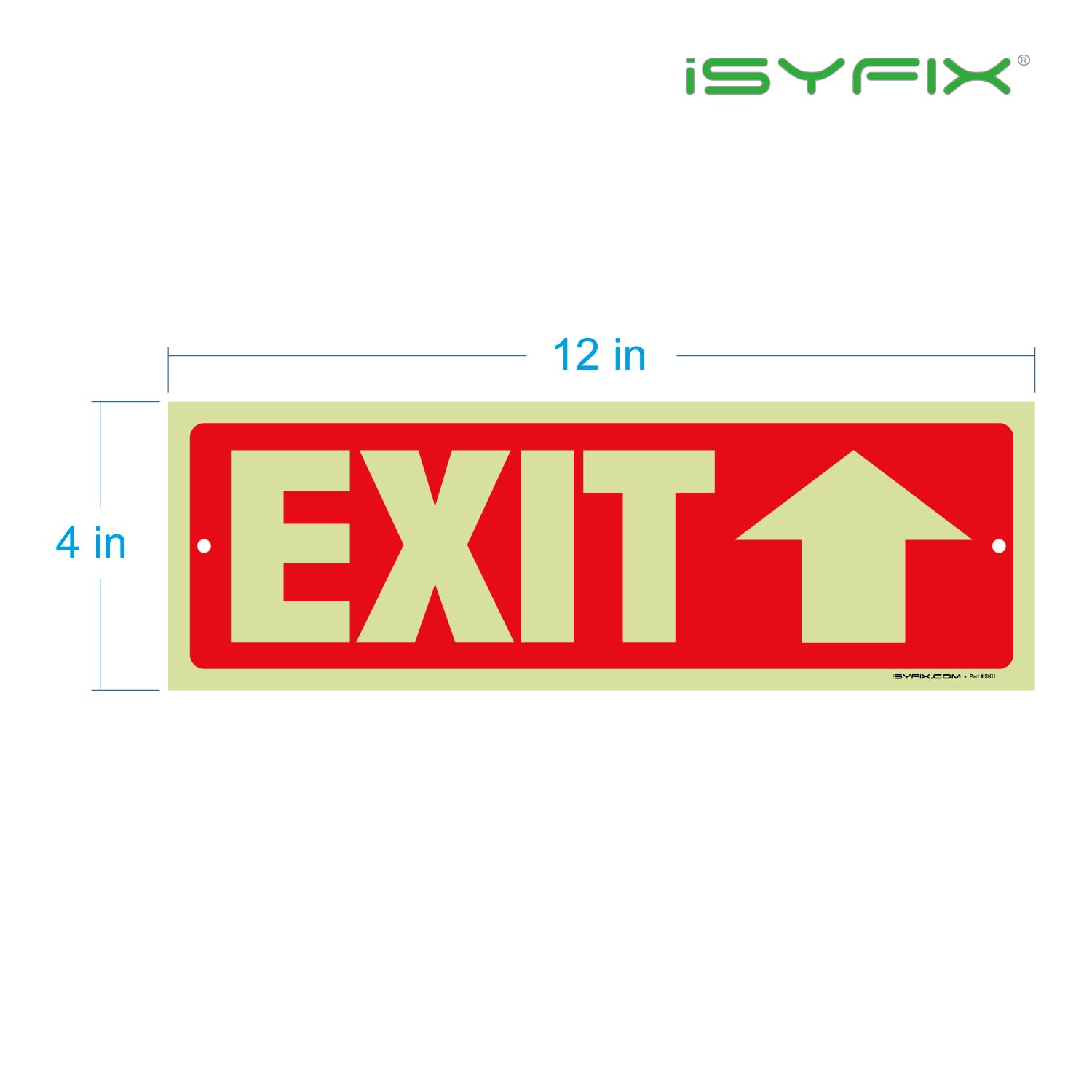 iSYFIX Señales de salida con flecha hacia arriba direccional, paquete de 12 unidades de 12 x 4 pulgadas que brillan en la oscuridad para negocios, escuela, oficina, almacén, poliestireno duradero de