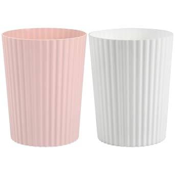 Small Trash Can Plastic Wastebasket Garbage Container Bin for Bathroom, Kitchen Under Sink, Bedroom, Home Office, College Dorm, Pink & White