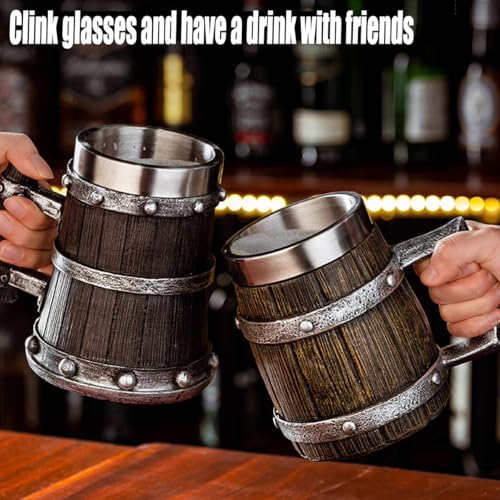 Nordic Viking Mug, pirate Beer Cup,Wooden Barrel Beer Mug Stainless Steel Liner, Medieval Drinkware Wine Goblet,Vintage Bar Decor for Home Accessories Gifts for Halloween/Christmas/Birthday by KUUBEELAA - Used condition - Image 4