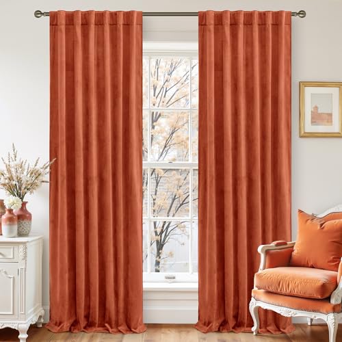 LAMIT Velvet Curtains 90 Inch for Living Room, Thermal Insulated Room Darkening Panels Rustic Vintage Noise Reducing Window Drapes with Back Tab and Rod Pocket, 2 Panels, Terracotta, 52 x 90 Inch by LAMIT - Used condition - US$23.97