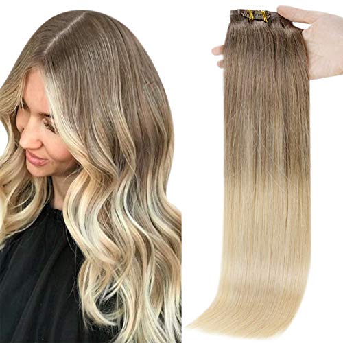 Clip in Extensions Full Shine Clip in Real Hair Double Weft 14 Inch Color 8 Fading to 60 Platinum Blonde Balayage Human Hair Clip ins 8 Pcs 100 Gram Seamless Extensions Clip in Full Head