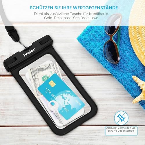ivoler wasserdichte Tasche Beutel Bauchtasche Schutzhülle mit wasserdichte Handyhülle, Universal Strand-Tasche mit Handytasche Wasserdicht für Wassersport, Strand, Schwimmen, Bootfahren (schwarz)