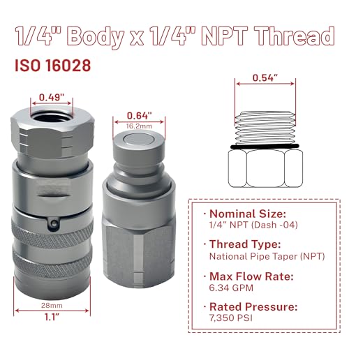Image of 1 /4 inch NPT Flat Face Hydraulic Quick Connect Coupler Set,1 /4 inchBody ISO 16028, 7350 PSI, 6.34 GPM with Dust Caps, Fit for Compact Tractors & Skid Steers