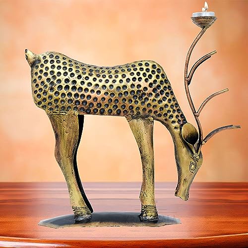 Image of KRAFTSKALA Decorative Showpiece Iron Metal Deer with Tea Light Candle Holder, 14 inch Large Deer Statue Home Decor Item for Living Room, Doorway (Deer)