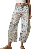longlugoo Women Barrel Jeans Casual Wide Leg Baggy Cartoon Printed Pants Y2k Boyfriend Mid Rise Denim Ankle Pants