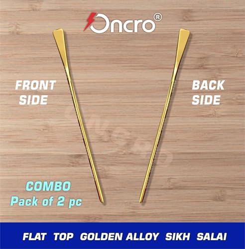 Image of Flat top Steel Gold color 2pc medium size Metal Sikh baaj baaz salai Hair Pin Needle stick silai for Religious Sardar ji Dastar Parna Turban Pagri Pag Patka 5ks Men Boys Girls alloy salaee
