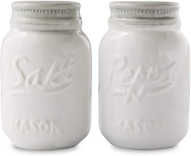 Comfify Vintage Mason Jar Salt & Pepper Shakers Adorable Decorative Mason Jar Decor for Vintage, Rustic, Shabby Chic - Sturdy Ceramic in White - 100 ml Cap.