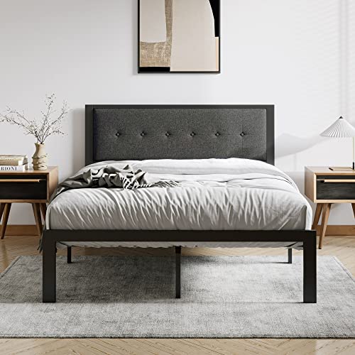 Aezos Bed Frame Queen Size With Upholstered Button Tufted Headboard, No Box Spring Needed, Noise Free, Easy Assembly, Grey #TOP6