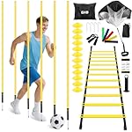 GHB Soccer Agility Training Equipment, 6 Agility Poles, 20ft Speed Ladder, 12 Disc Cones, Resistance Parachute, Jump Rope, 5 Resistance Bands, Soccer Training Poles for Speed Agility Training