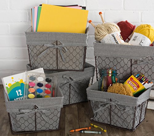 DII Home Traditions Vintage Metal Chicken Wire Storage Basket with Removable Fabric Liner, Set of 3 Small Sized, Ticking White & Black Denim Striped by DII - Image 8