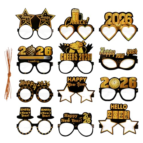 Sahunfri Lot de 12 paires de lunettes de fête pour le Nouvel An 2026 - En carton argenté - 12 designs - Accessoires photo amusants pour adultes et enfants