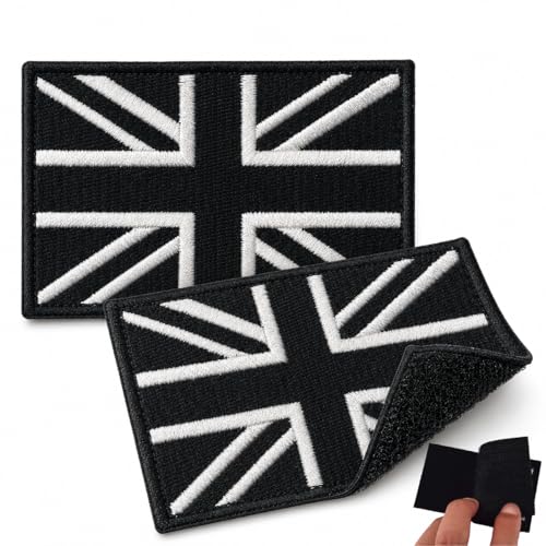 Image of 2 Pcs Union Jack Hook and Loop Patch – Black and White Embroidered UK Flag Badge – British Tactical Applique Patch for Backpack, Jacket, Hat, Uniform and Outdoor Gear