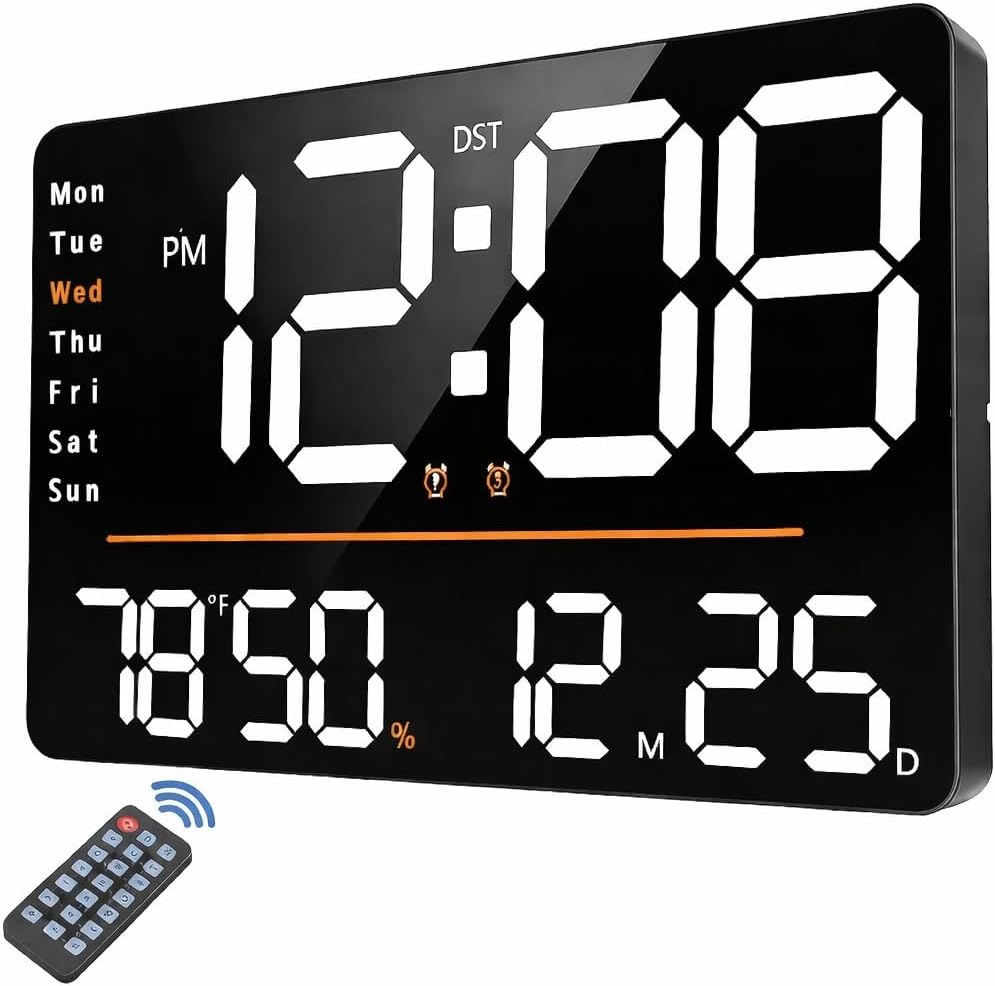 Digital Alarm Wall Clock 16" Large with Remote Control, Auto/Custom Dimmer,Temp,Humidity,Dual Alarms,/Gym/Garage, Gift for Elderly (Font Colour May Vary) Plastic