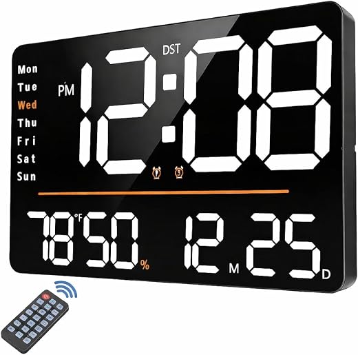 AERYS 16-Inch Digital Alarm Wall Clock, Table Clock Large LED Display with Remote Control, Auto Dimmer,Temp &amp;Humidity, Dua...