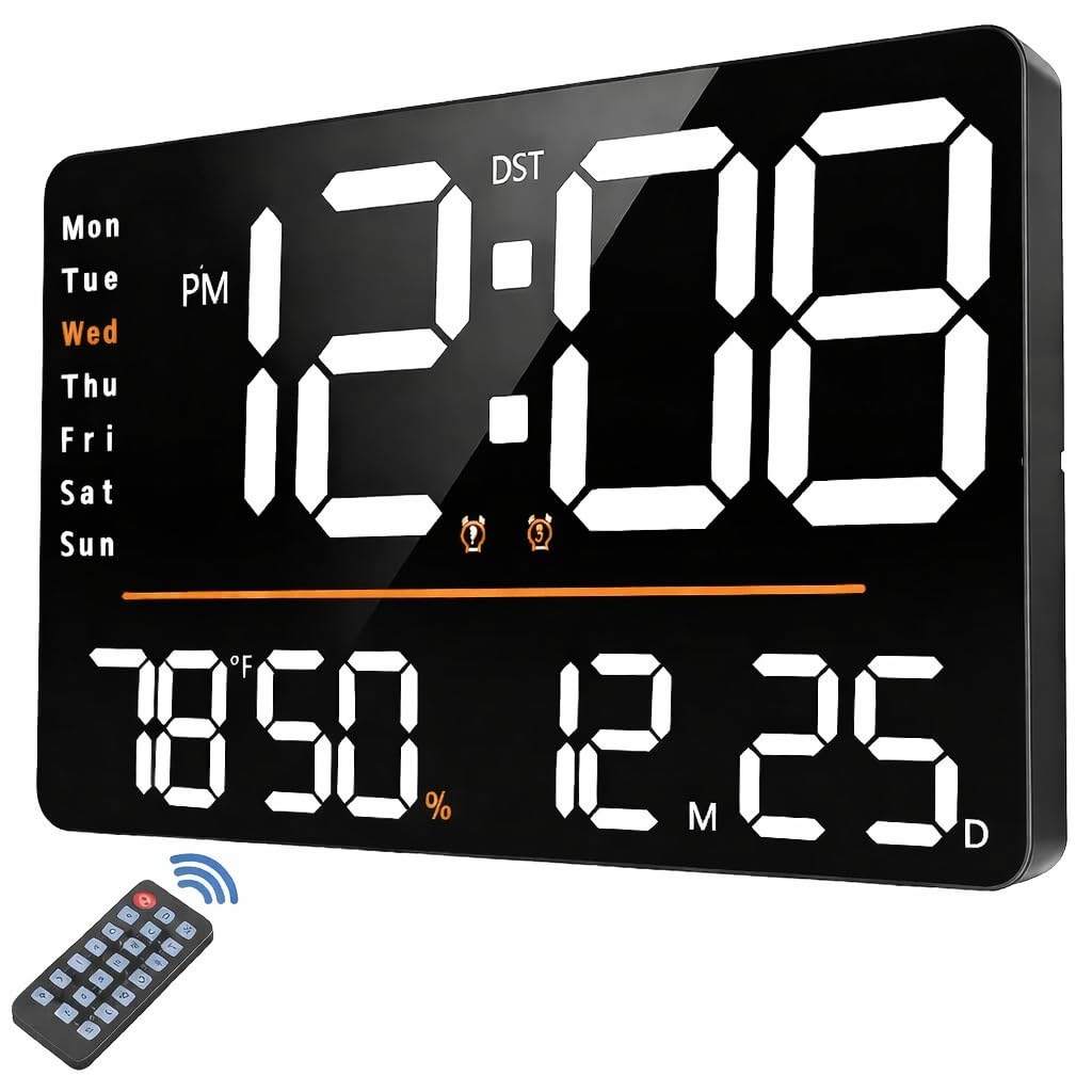 AERYS 16-Inch Digital Alarm Wall Clock, Table Clock Large LED Display with Remote Control, Auto Dimmer,Temp &Humidity, Dua...