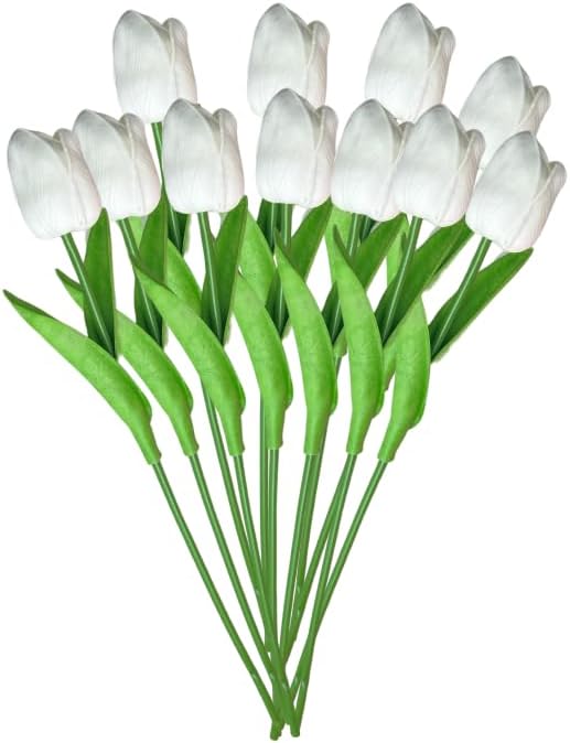 Bamboo Decor12 Artificail Flowers - Faux Plants- Flora Vase Filler For Home Decor- Wedding -Events-Carft Projects (Tulip White)