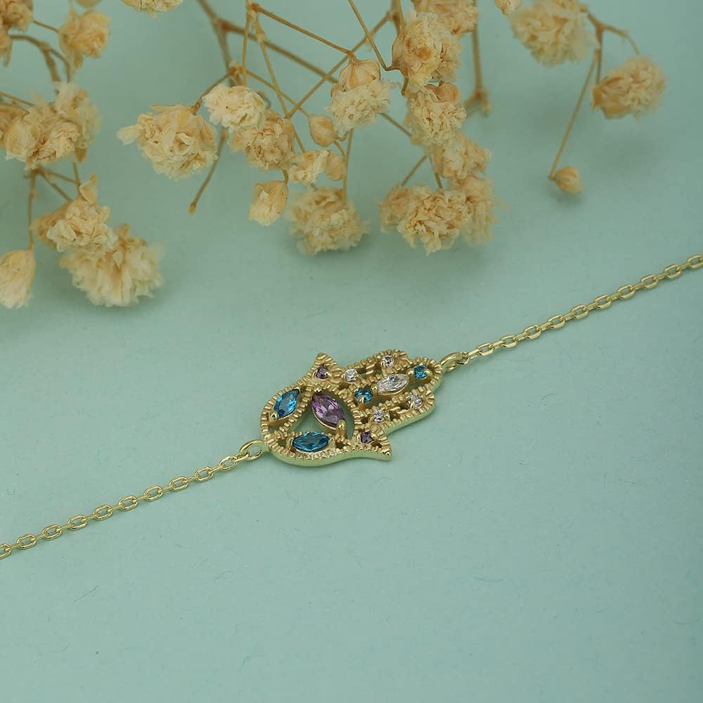 Vanbelle 18K Gold Plated Jewelry - Studded Hamsa Bracelet with Multi Color Cubic Zirconia stones - Beautifully Handcrafted for Women - 6.5" + 1" Extender - Image 7