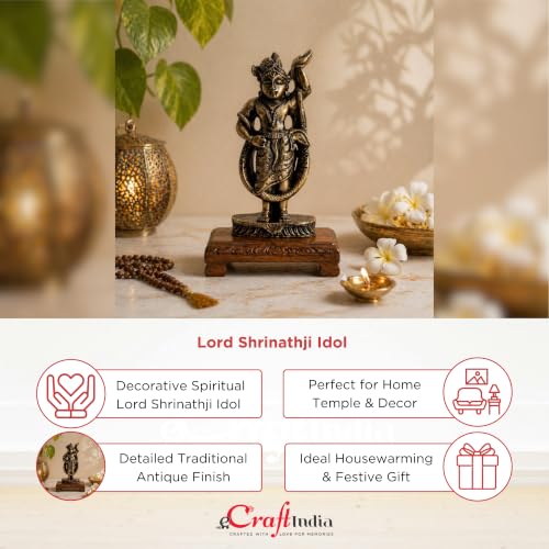 Image of eCraftIndia Lord Shrinathji Idol | Antique Finish Shrinathji Statue | Decorative Spiritual Showpiece for Home Decor & Gifting | Hindu God Murti for Temple & Living Space
