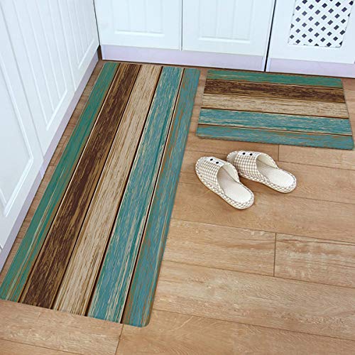 Kitchen Rugs Set Anti-Fatigue Floor Mat Doormats 2 Piece Waterproof Non-Slip Kitchen Mats And Rugs Pvc Standing Mats Floor Runner Carpet, Retro Rustic Old Barn Wood Brown Blue Green 18"X30"+18"X59" #TOP1