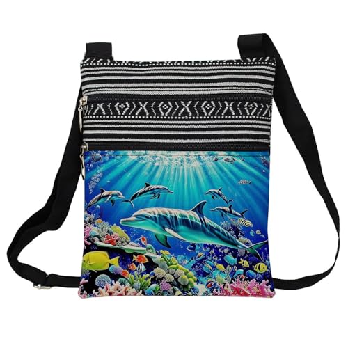 Undersea Dolphin Messenger Bag Small Ethnic Pattern Printed Adjustable Strap Crossbody Zipper Pouch Undersea Dolphin Phone Organizer Wallet Cute Shoulder Handbag for Women