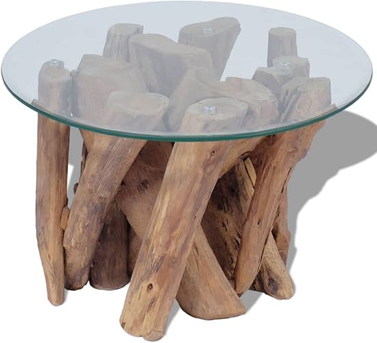 Table basse plateau verre et pieds en bois de Teck