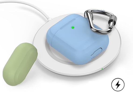 McStorey AirPods 1–2 Nesil Uyumlu Silikon Kılıf – Mat Yumuşak Doku, Darbe Emici, Karabinalı Kemer Klipsi, Kablosuz Şarj Destekli, Yedek Üst Kapak Hediyeli Açık Mavi