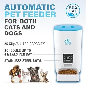 The PawPerfect 6-Liter Automatic feeder for your pet cat and/or dog using an auto dispenser to refill your cat’s or dogs food bowl with dry food on a timed schedule up to 4 times a day