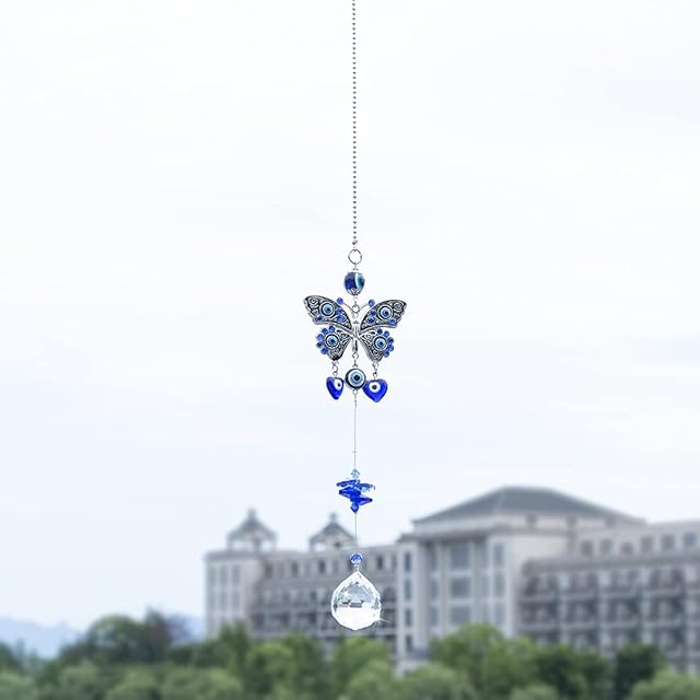 Turkish Blue Evil Eye Butterfly Wall Hanging with Crystal Suncatcher Ornament for Home Decor Protection Good Luck Blessing Housewarming Birthday Gift