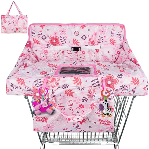 Image of Pink Floral Shopping Cart Cover & Grocery Cart Cover, Portable 2-in-1 High Chair Cover with Safety Harness, Multifunctional Cart Covers with Clear Phone Pouch