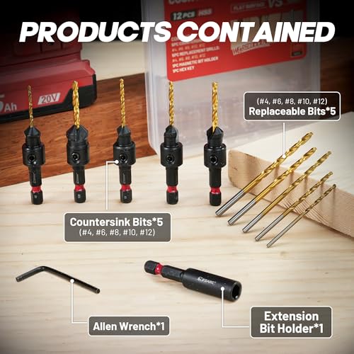 EZARC Countersink Drill Bit Set, 12 PCS Counter Sink Drill Bits for Wood, #4, #6, #8, #10, #12, Magnetic Extension Adjustable bit Holder for Woodworking with Storage Box 6 EZARC Countersink Drill Bit Set, 12 PCS Counter Sink Drill Bits for Wood, #4, #6, #8, #10, #12, Magnetic Extension Adjustable bit Holder for Woodworking with Storage Box - Image 6