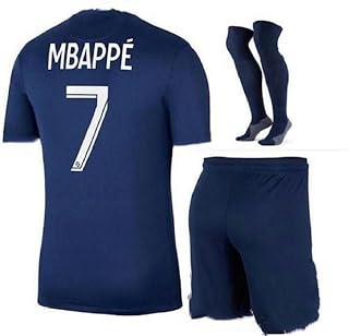 Genu Paris Mbappe Blue Home 21/22 Soccer Kids Jersey + Shorts + Socks Set Kit Size Medium (8-9 Years Old) for Youth