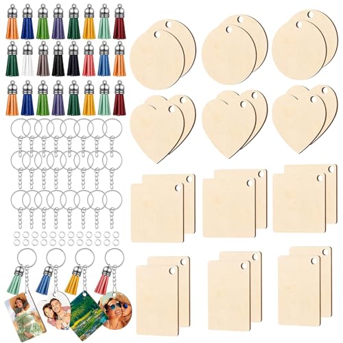 WestCH 96 Pièces Porte-Clés en Bois Personnalisable Naturel Vierge pour Mariage Décor Bricolage Femmes Hommes (4 Formes)