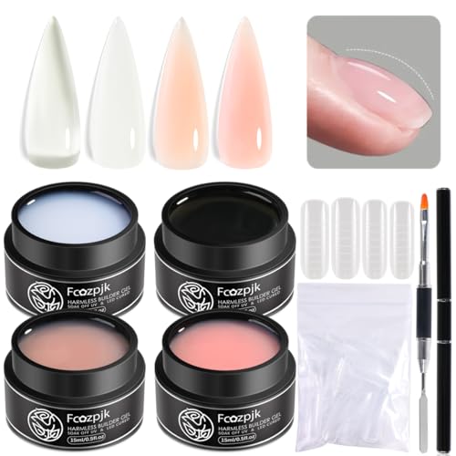 Fcozpjk Builder Gel for Nails, 4 Colors Thickening Builder Nail Gel Clear Milky White Nude Pink Nail Strengthener Gels Kit with Brush Pen Soak Off UV Polish Nail Extension Manicure Supplies