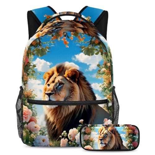 Cartable enfant lion et fleur avec trousse scolaire multicolore pour garçon et fille