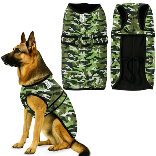 Image of Dog Jacket for Winter (Army Print, 30 Inch) | Camouflage Design, Waterproof & Windproof Polyester Coat with Fleece, Adjustable Velcro Closure, Warm Vest for Cold Weather