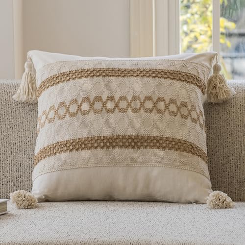 vctops Boho Cotton Linen Decorative Throw Pillow Covers with Tassels 24x24 Inch Soft Farmhouse Neutral Stripe Pillow Covers Accent Macrame Woven Tan Cushion Case for Couch Sofa Car (Type A,24"x24")