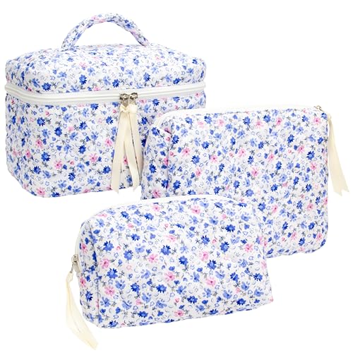 PAZIMIIK 3PCS Makeup Bag SET Large Travel Quilted Zipper Soft Cosmetic Case Pouch for Women Girls Make Up,Floral Blue