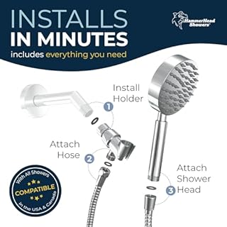 HammerHead Showers® Solid Metal Handheld Shower Head with Hose and Brass Holder - CHROME - 2.5 GPM High Pressure Shower Heads with Adjustable Shower Wand Bracket - 6ft Flexible Extension
