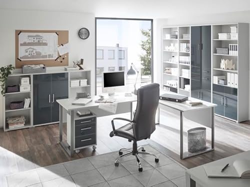 Büro Möbel Komplett Set Office Lux in in Lichtgrau mit lackierten Graphit-Glasfronten – Komplett Sets Home Office Arbeitszimmer - Verschiedene Set Varianten (Komplettbüro 9 teilig)