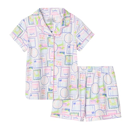 Image of Cuddl Duds Girls Matching 2 Piece Pajamas Set - Short Sleeve Button Down Pajama Shirt and Shorts - Soft & Lightweight Jersey