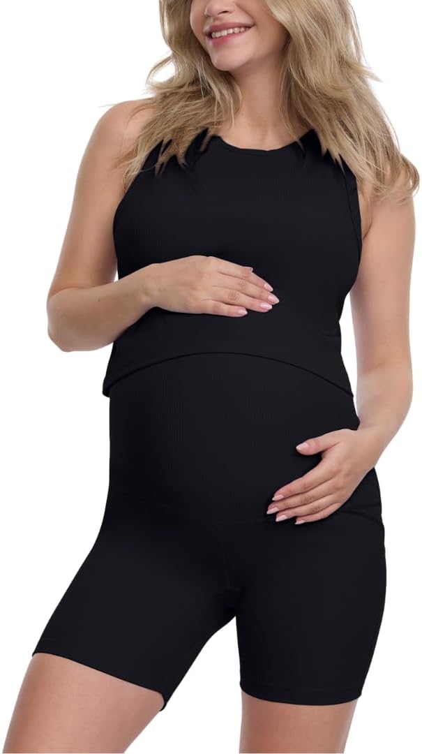 Motherhood Maternity Women's Ribbed Over The Belly Biker Shorts and Crop Racerback Workout Tank Top Pregnancy Set