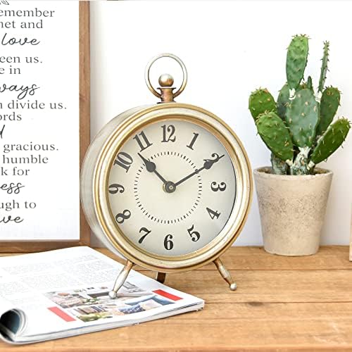 EMAX HOME Vintage Table Clock on Stand, Decorative Desk and Shelf Clock Rustic Mantel Clock Non-Ticking, Metal Frame with Antique Gold Finish