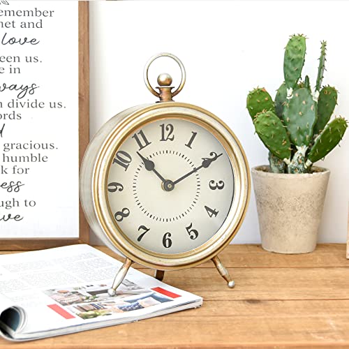 Emax Home Vintage Table Clock On Stand, Decorative Desk And Shelf Clock Rustic Mantel Clock Non-Ticking, Metal Frame With Antique Gold Finish #TOP28