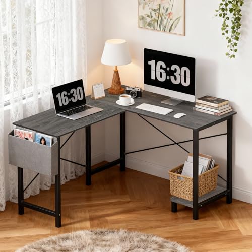 Image of OLIXIS 50-Inch L Shaped Desk, Grey Office Computer Gaming Desk Corner PC Table with Side Bag and Reversible Shelf for Home Work Study Writing, Sturdy Durable Design with Easy Setup
