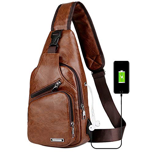 Peicees Leather Sling Bag w/USB Charge Chest Crossbody Backpack Daypack for Men