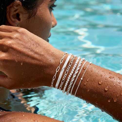 M MOOHAM Silver Plated Bracelets for Women, Silver Beaded Bracelet Stack - image 7