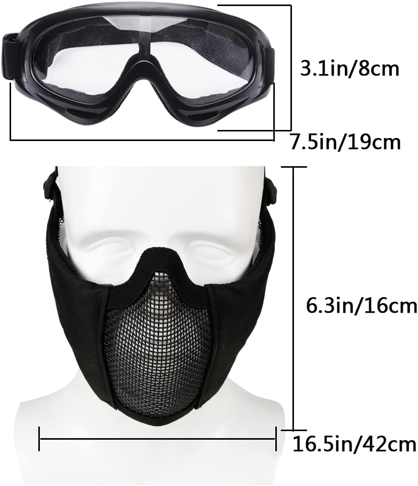 Airsoft Protective Gear Set, Half Face Mesh Mask with Ear Protection and Goggles for Adult Men Women BBS Paintball Shooting CS Survival Games Cosplay